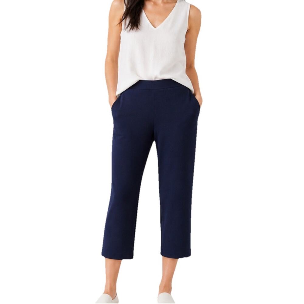 Eileen Fisher Pants Womens M Navy Stretch Knit Pull On Elastic Waist Cropped